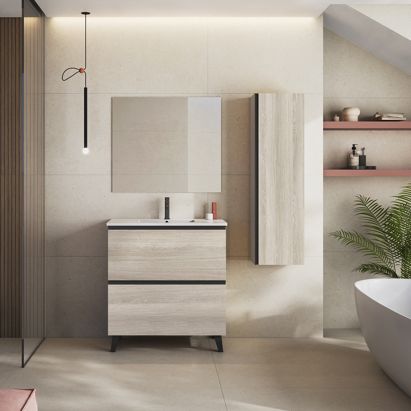 Mueble de baño de suelo de 100 cm con 2 cajones con lavabo sobre encimera  color griggio Modelo Granada